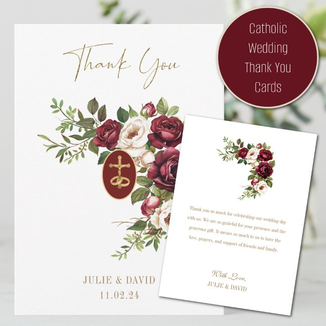 Catholic Claret Floral Gold Crucifix Wedding Thank You Invitations