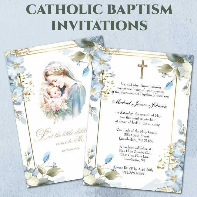 Catholic Floral Baptism Christening Baby Scripture Invitation