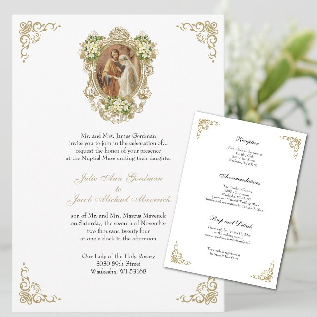 Catholic Floral Gold Wedding Invitations