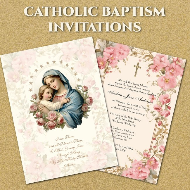 Catholic Girl Baptism Christening Mary Jesus Invitation