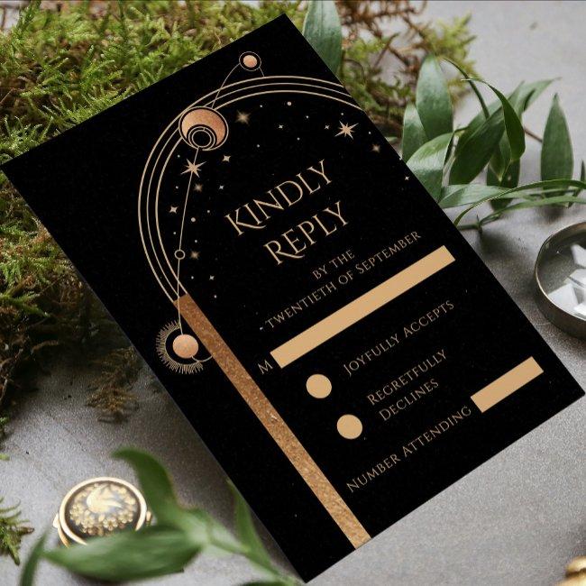Celestial Black Gold Sun Moon Stars Wedding Rsvp Invitations