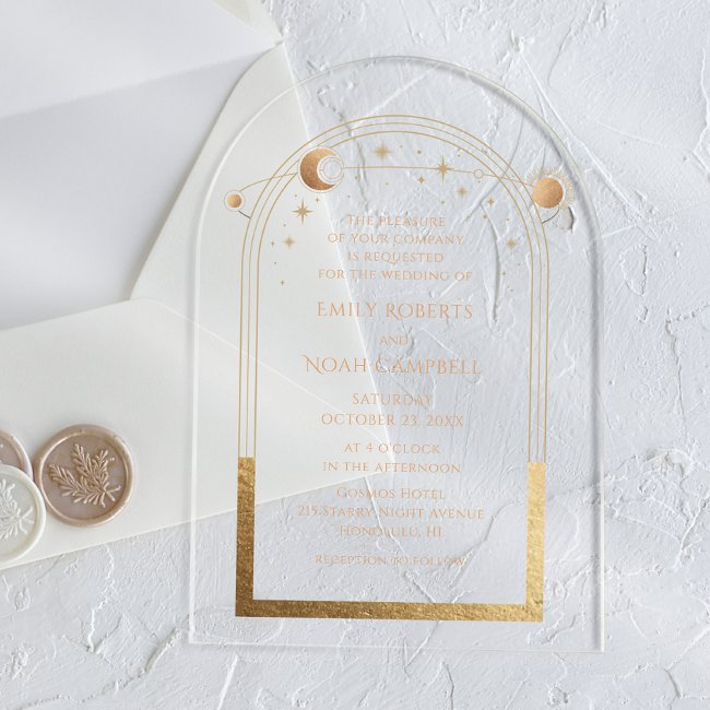 Celestial Gold Sun Moon Astronomy Wedding Acrylic Invitations