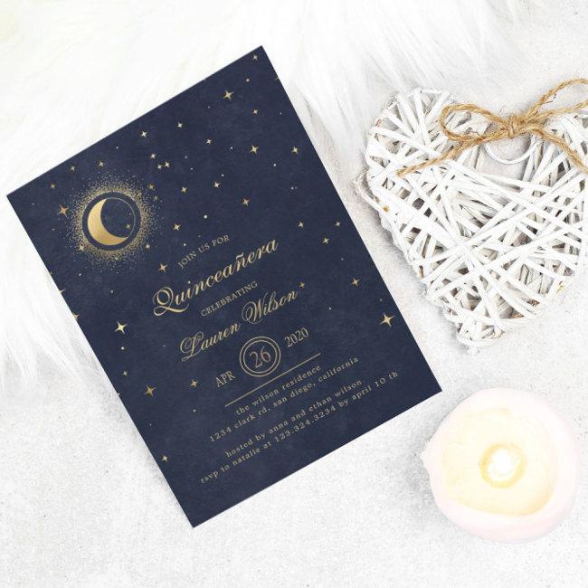 Celestial Midnight Blue Gold Stars Quinceanera Invitation