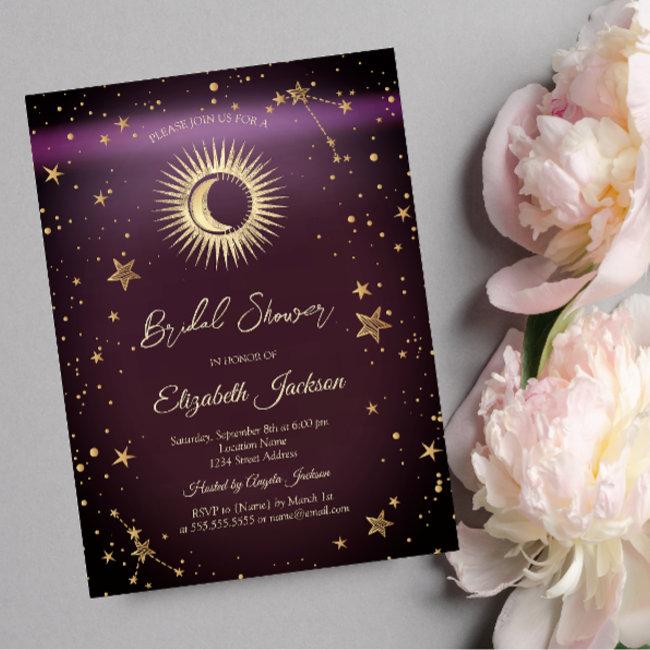 Celestial Sun,moon,stars Burgundy Bridal Shower Invitation
