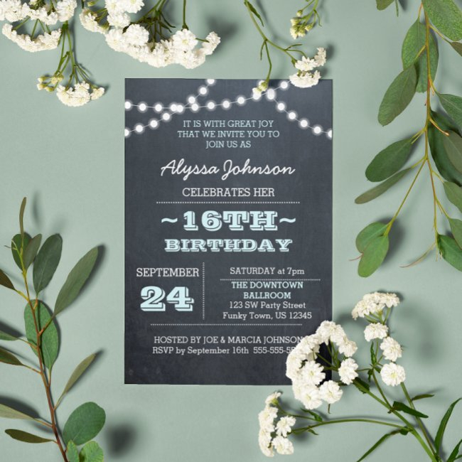 Chalk Lights Aqua 16th Birthday Invitation