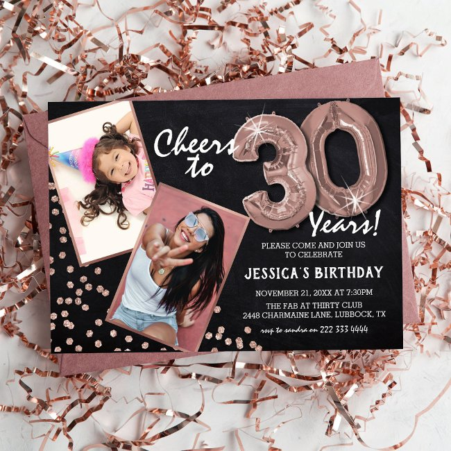 Chalkboard Rosegold Balloons 2 Photo 30th Birthday Invitation