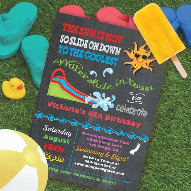 Chalkboard Water Slide Pool Birthday Party Invitation