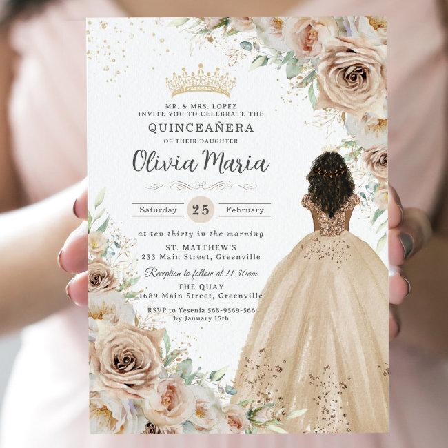 Champagne Beige Cream Floral Princess Quinceañera Invitation