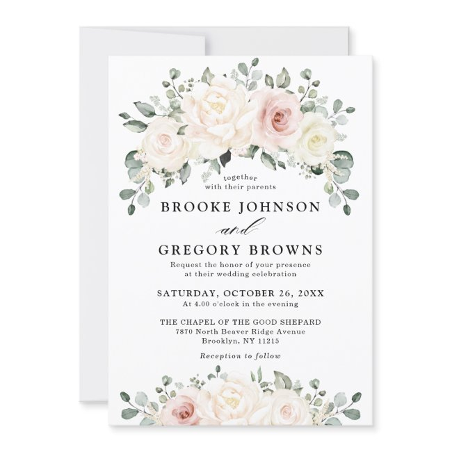 Champagne Ivory Blush Pink Floral Greenery Wedding Invitation