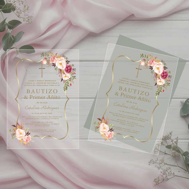 Charm Gold Pink Blush Flowers 1st Birthday Baptism Acrylic Invitations