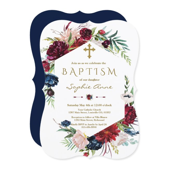 Charming Burgundy Blue Floral Wreath Girl Baptism Invitation