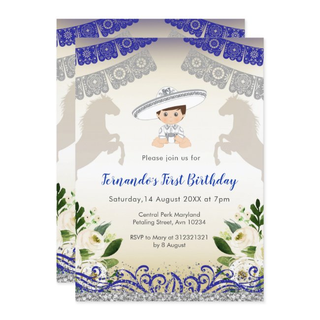 Charro Navy Blue Silver 1st Birthday Invitation