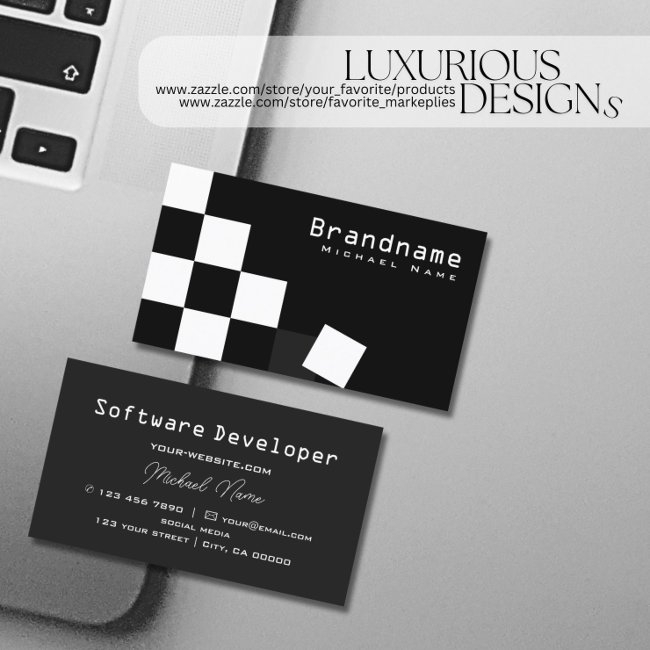 Checkered Black And White Stylish Dark Gray Modern Business Invitations