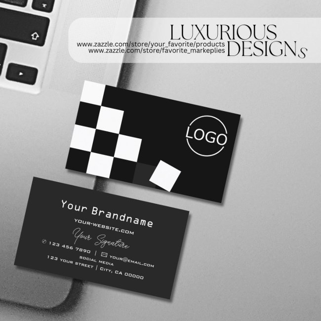 Checkered Black Dark Gray Modern With Logo Stylish Business Invitations