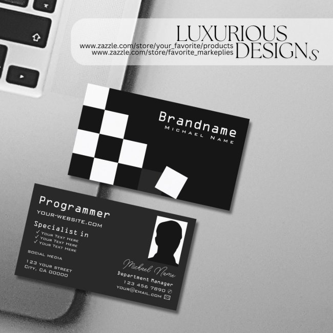 Checkered Black Dark Gray Modern With Photo Cool Business Invitations