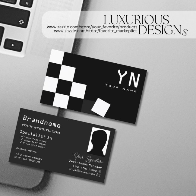 Checkered Black Dark Gray With Monogram And Photo Business Invitations
