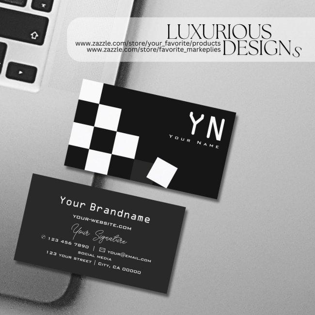 Checkered Black Dark Gray With Monogram Modern Business Invitations