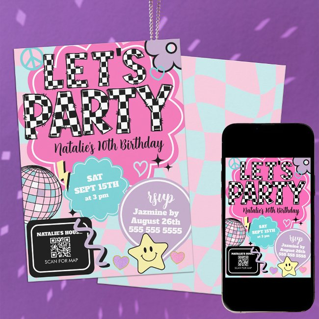 Checkered Retro Groovy Disco Let's Party Birthday Invitation