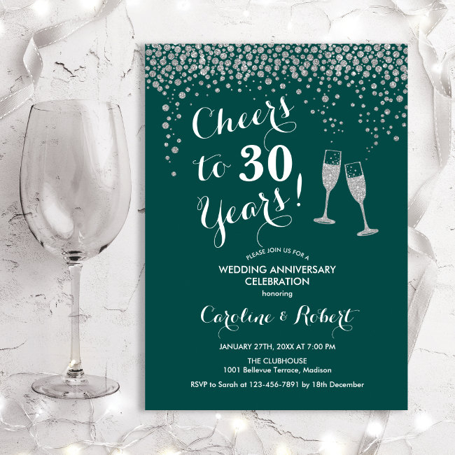 Cheers To 30 Years Anniversary - Emerald Green Inv Invitation