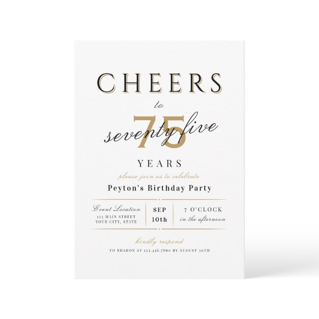 Cheers To 75 Years Elegant Modern Classy Birthday Invitation
