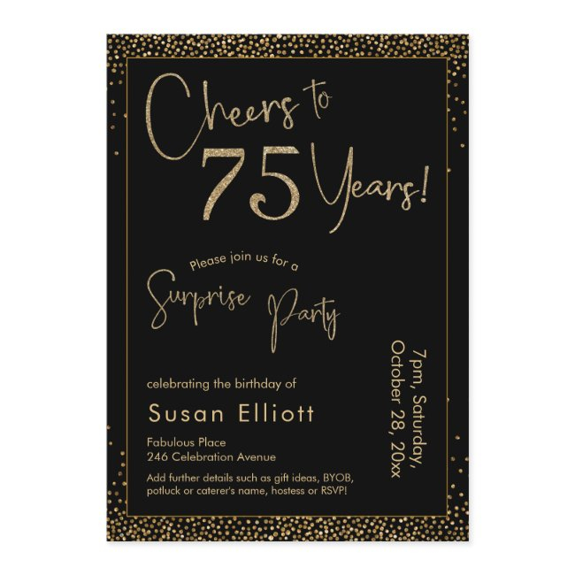 Cheers To 75 Years Surprise Birthday Party Black Invitation