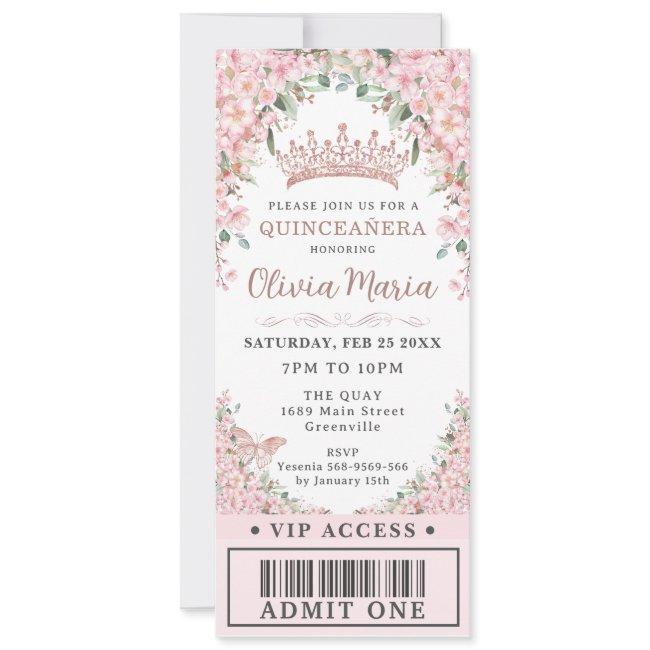 Cherry Blossoms Rose Gold Quinceañera Vip Ticket Invitation