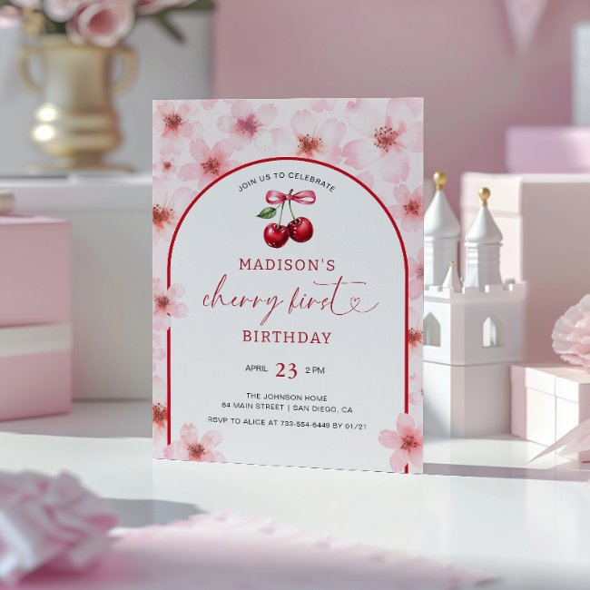 Cherry First Pink Cherry Blossom 1st Birthday Invitation
