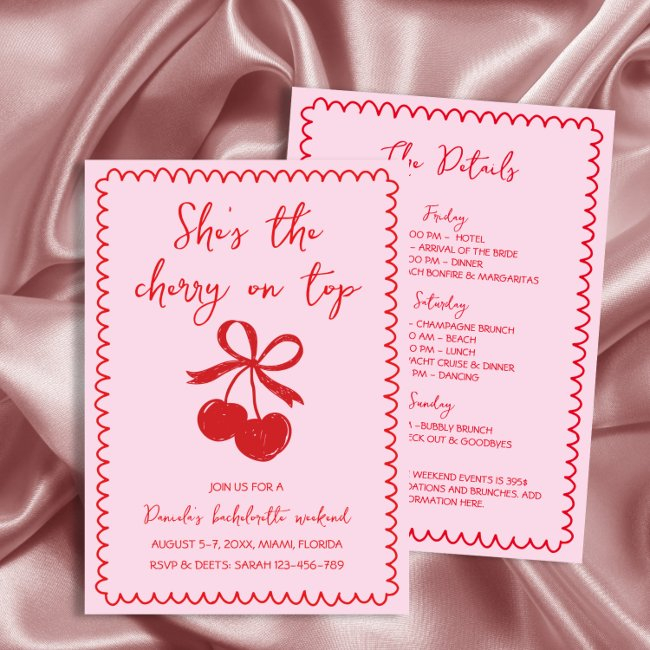 Cherry On Top Red Hand Drawn Bachelorette Weekend Invitation