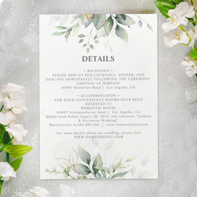 Chic Airy Greenery Eucalyptus Leaf Gold Wedding Enclosure Invitations