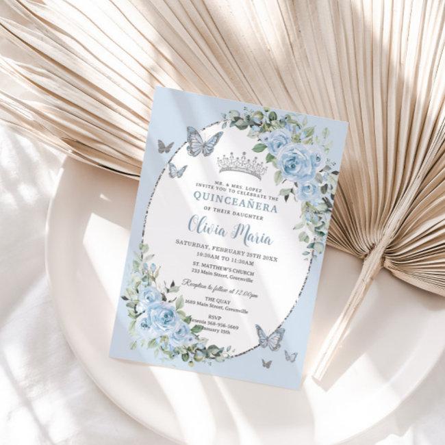 Chic Baby Blue Floral Butterflies Quinceañera Invitation