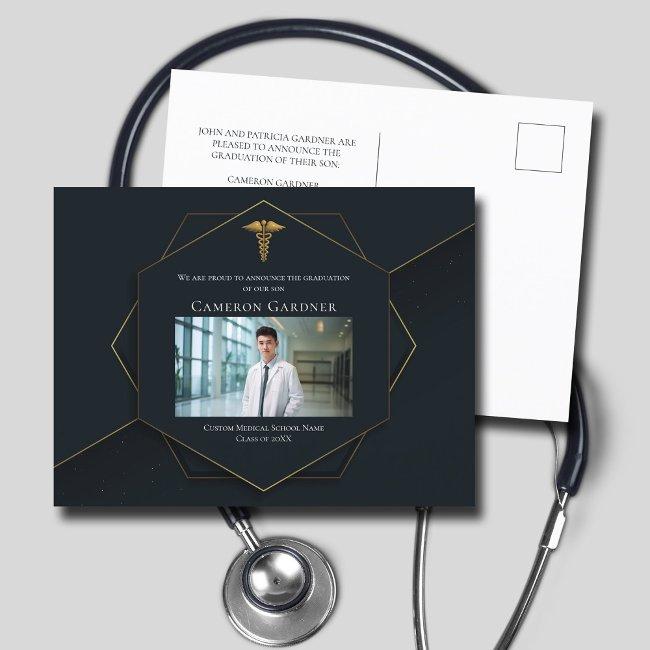 Chic Black Gold Medical School Photo Graduation Announcement Postinvitations