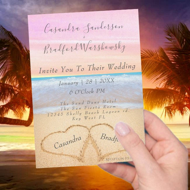 Chic Blush Pink Beach Wedding 2 Hearts In The Sand Invitation