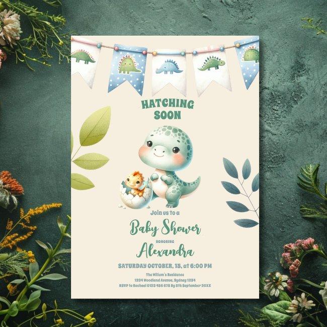 Chic Dinosaur Boy Baby Shower Greenery Invitation
