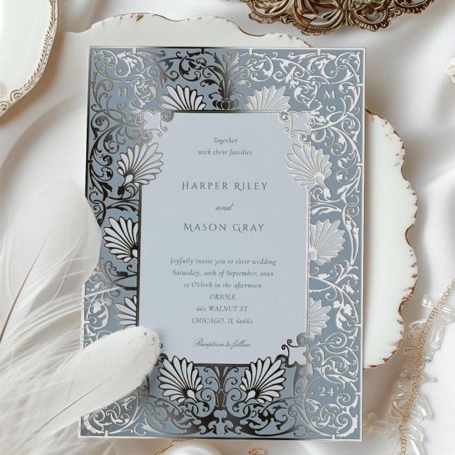 Chic Dusty Blue And Silver Foil Wedding Foil Invitation