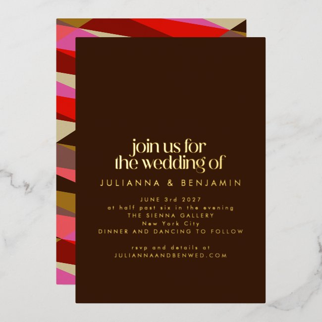 Chic Elegant Red Brown Geometric Wedding Gold Foil Invitation