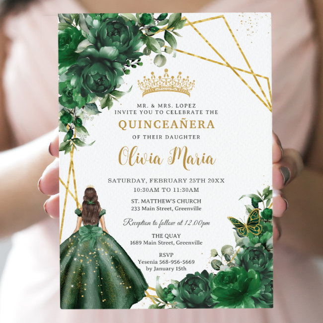 Chic Emerald Green Flowers Floral Quinceañera Invitation