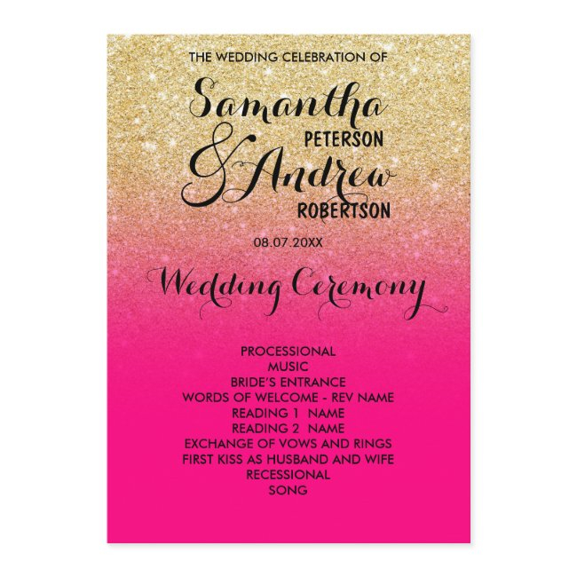 Chic Faux Gold Glitter Hot Pink Wedding Program