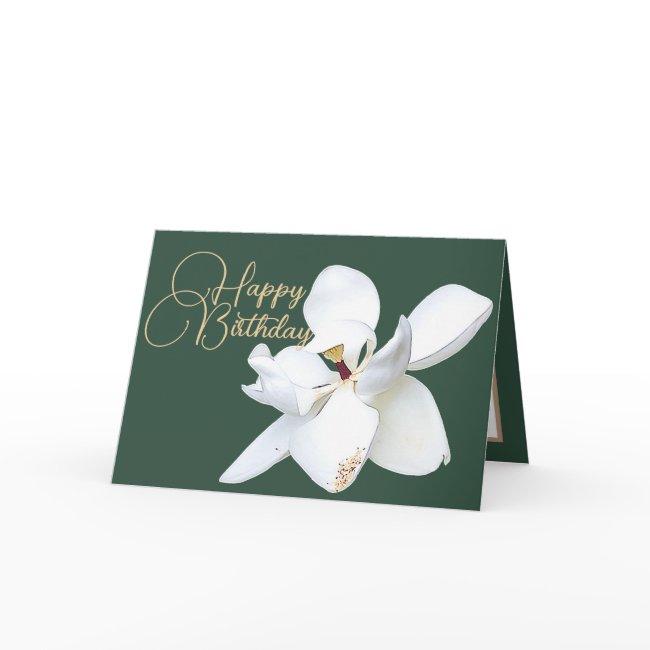 Chic Floral White Magnolia Flower Green Birthday Invitations