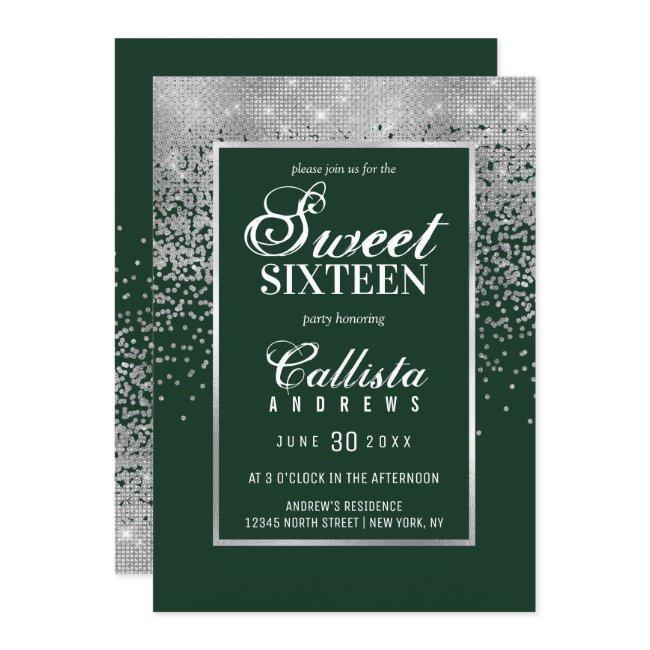 Chic Forest Green Silver Glitter Confetti Sweet 16 Invitation