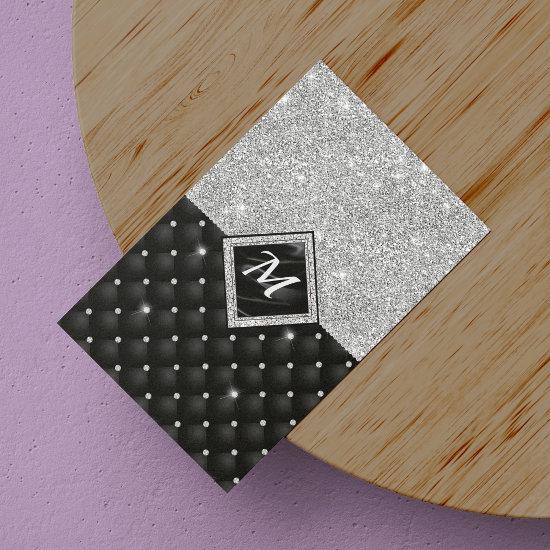 Chic Girly Faux Glitter Silver Black Monogram Business Invitations Magnet