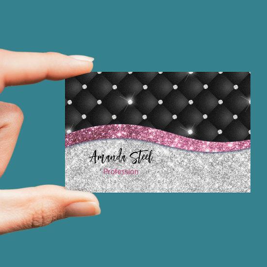 Chic Girly Faux Silver Glitter Black Pink Monogram Business Invitations