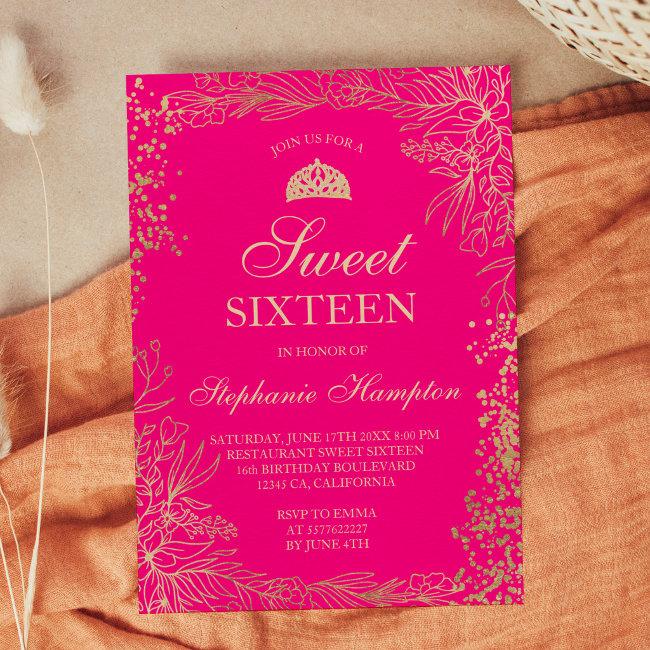 Chic Gold Floral Neon Pink Tiara Chic Sweet 16 Invitation