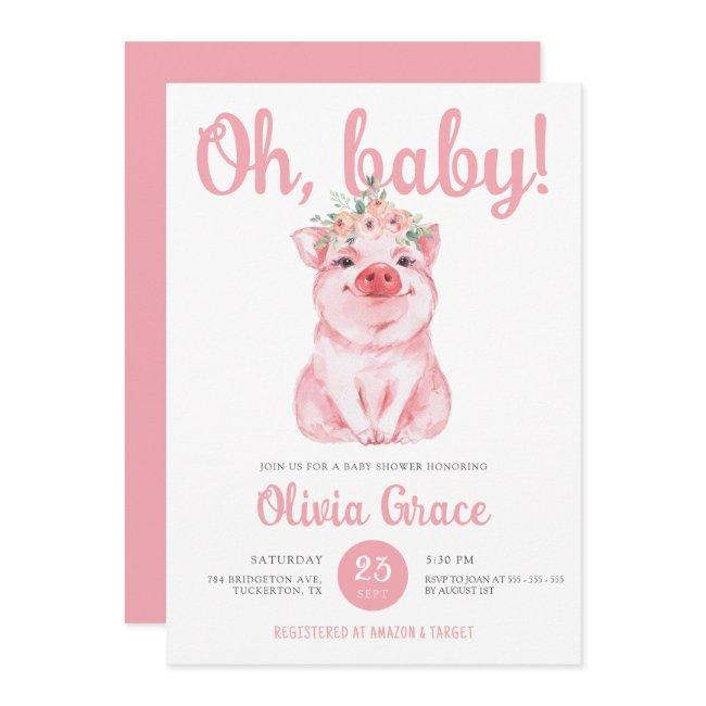 Chic Hot Pink Little Pig Baby Girl Baby Shower Invitation