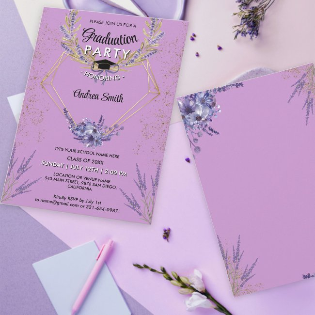 Chic Lavender Floral Gold Glitter Graduation Party Invitation