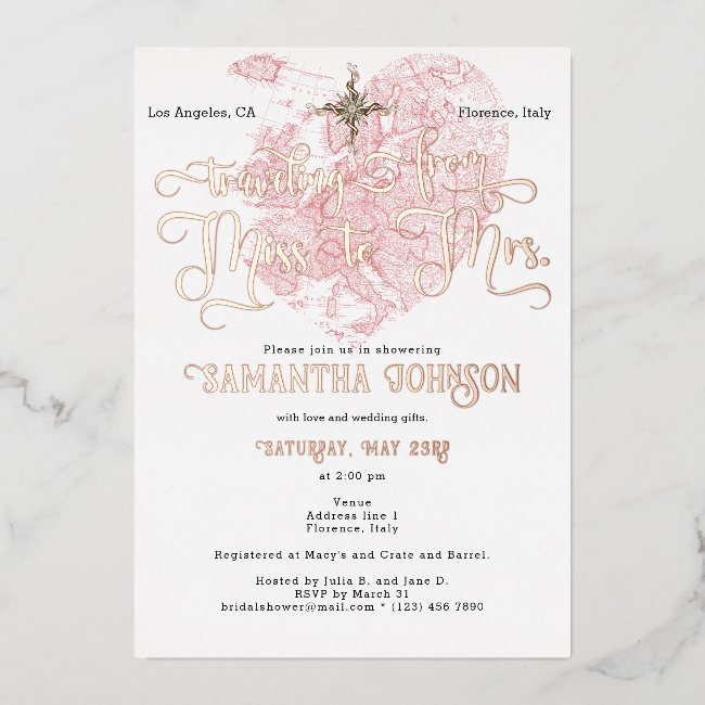 Chic Miss To Mrs ♥ Heart Map Travel Bridal Shower Foil Invitation