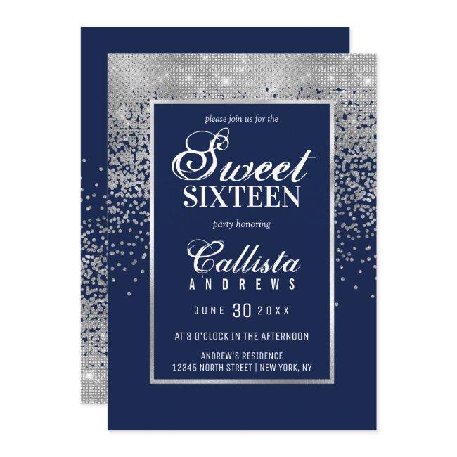 Chic Navy Blue Silver Glitter Confetti Sweet 16 Invitation