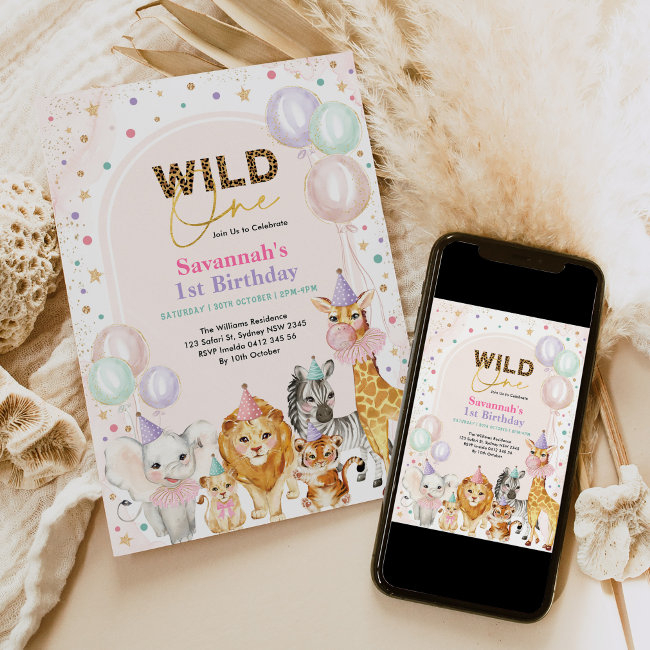 Chic Party Animals Wild Safari Girl 1st Birthday Invitation