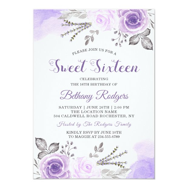 Chic Pastel Purple Rose Garden Sweet 16 Birthday Invitation