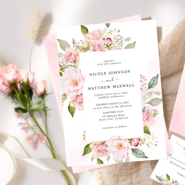 Chic Pink, Blush And Rose Gold Floral Wedding Invitation