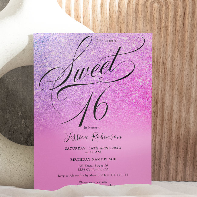 Chic Pink Glitter Ombre Script Purple Sweet 16 Invitation